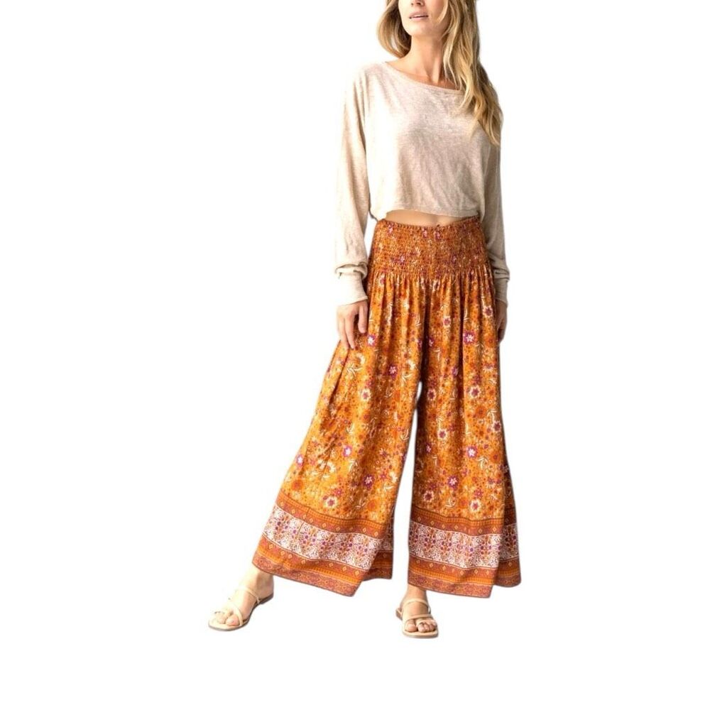 NATURAL LIFE Orange Floral Wide Leg Pants